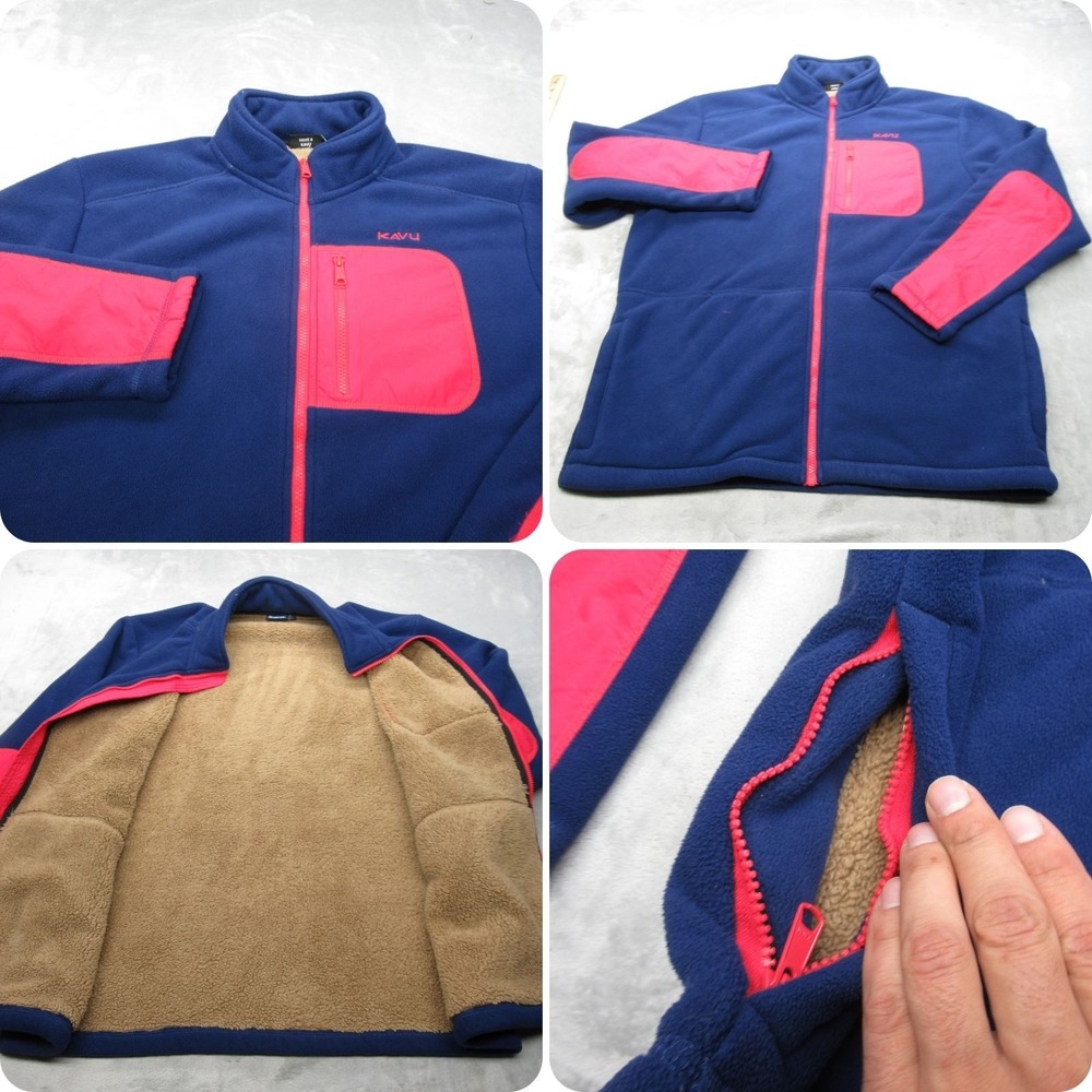 KAVU Fleece Jacket Mens XL Blue Red Full Zip Pockets Soft Thick Warm Winter Hike